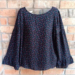 LOFT Women's Top Blouse Knit Woven Long Sleeves Black Floral Size S